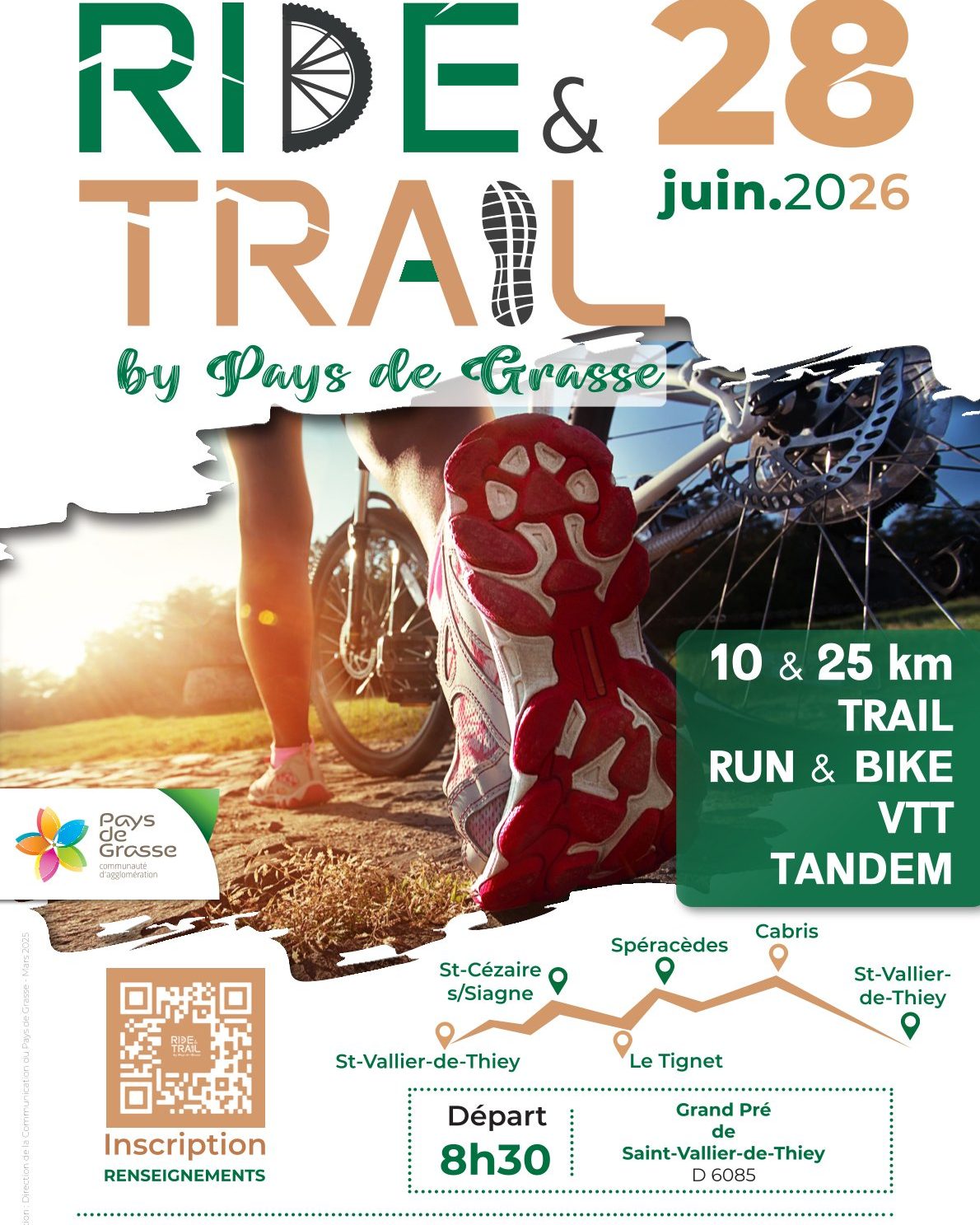 Nous avons le plaisir de vous annoncer l’ouverture officielle des inscriptions à notre course Ride & Trail, qui se déroulera le 28 juin à Saint-Vallier-de-Thiey!
https://ride-and-trail.paysdegrasse.fr/ 

🌿 Une course pensée pour tous
Le circuit de 10 km, spécialement étudié et validé par la Fédération Française Handisport, garantit une accessibilité optimale.
Le 25 km propose un parcours nature plus sportif, toujours dans un esprit inclusif et sécurisé.
Un village animé sera installé sur le grand pré de Saint-Vallier-de-Thiey, avec :
Podium accessible en fauteuil roulant
Zones de ravitaillement adaptées
Stands partenaires
Structures gonflables et animations
Espace détente après la course
🚗 Un accueil simple et confortable
Votre accueil se fera à 50 mètres du départ et de l’arrivée, dans la salle de l’Oustaou :
Dépôt des affaires
Vestiaires
Toilettes accessibles
Dépose-minute devant le bâtiment
Parking réservé (minibus et véhicules) à 100 m, à l’école Émile Félix
Tout est organisé pour faciliter votre venue et celle de vos groupes.
🏃‍♂️ Les formats de course
Tarifs comprenant dossard pucé traçable, tee-shirt édition 2026, médaille et repas à l'arrivé :
10 km : 12 €
25 km : 20 €
Départs échelonnés de 8h30 à 11h, selon les catégories :
25 km
Duo VTT & Trail (dès 13 ans)
VTT musculaire & Tandem (majeurs)
Trailleurs & Handisport (majeurs)
VTT électrique (dès 14 ans)
10 km
Trailleurs & Handisport (dès 16 ans)
Duo VTT & Trail (dès 16 ans)
VTT musculaire & Tandem (dès 9 ans)
#Handisport #accessibility #SportNature #trailrun #paysdegrasse #Inclusion #highfive