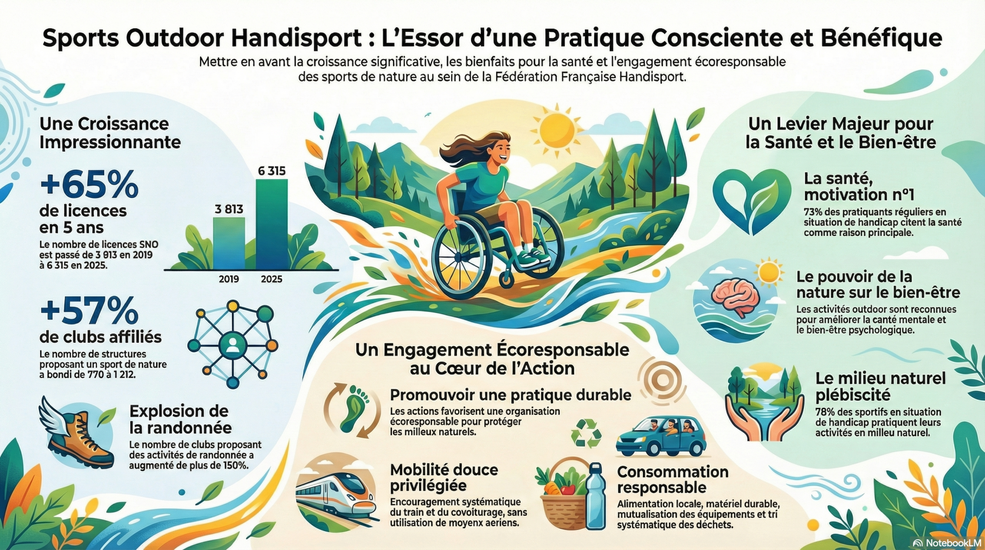Présentation synoptique qui met en avant le développement du secteur outdoor handisport, son intérêt pour la santé des PSH et la volonté forte de ce secteur d'agir en protection de la biodiversité des environnement et de manière écoresponsable